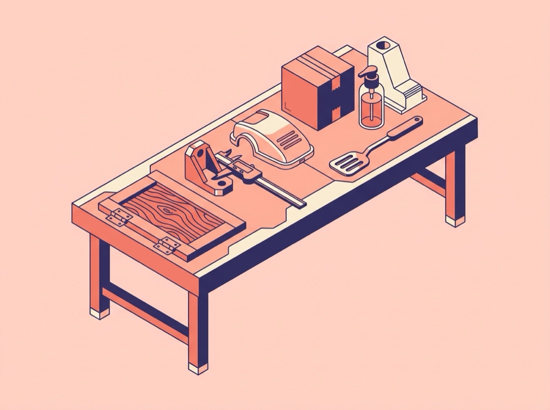 Ilustração: peças de madeira, metal, plástico e embalagem sobre uma bancada de oficina